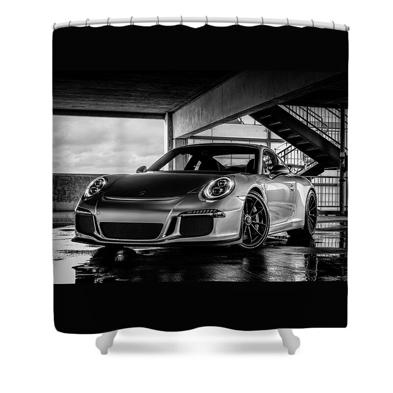 Porsche Shower Curtain featuring the digital art Porsche 911 GT3 by Douglas Pittman