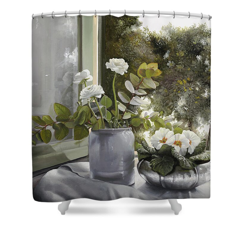 Still Life Shower Curtain featuring the painting I Ranuncoli Tra Le Primule by Danka Weitzen