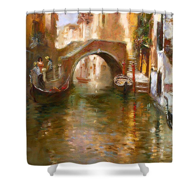 Romance Shower Curtain featuring the painting Romance in Venice by Ylli Haruni