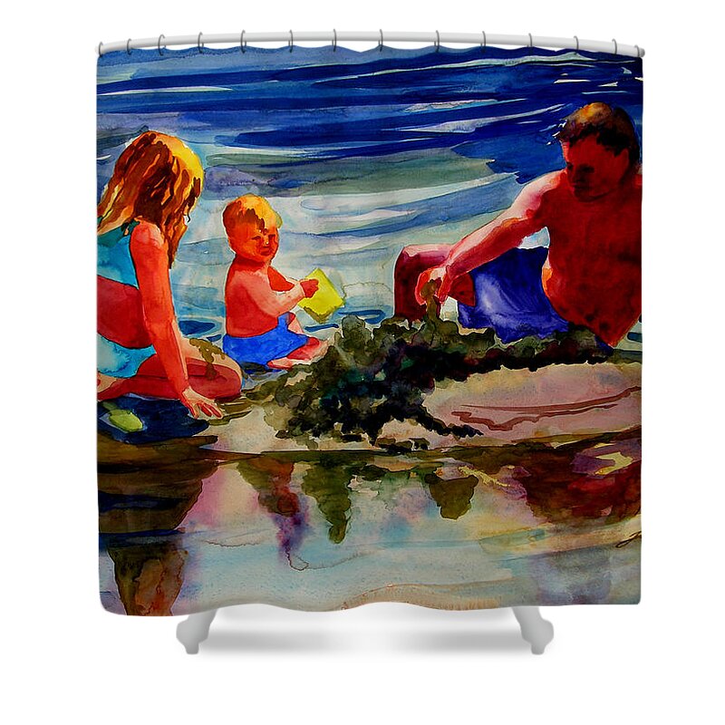 Beach Prints Shower Curtain featuring the painting Sandcastles with Daddy by Julianne Felton