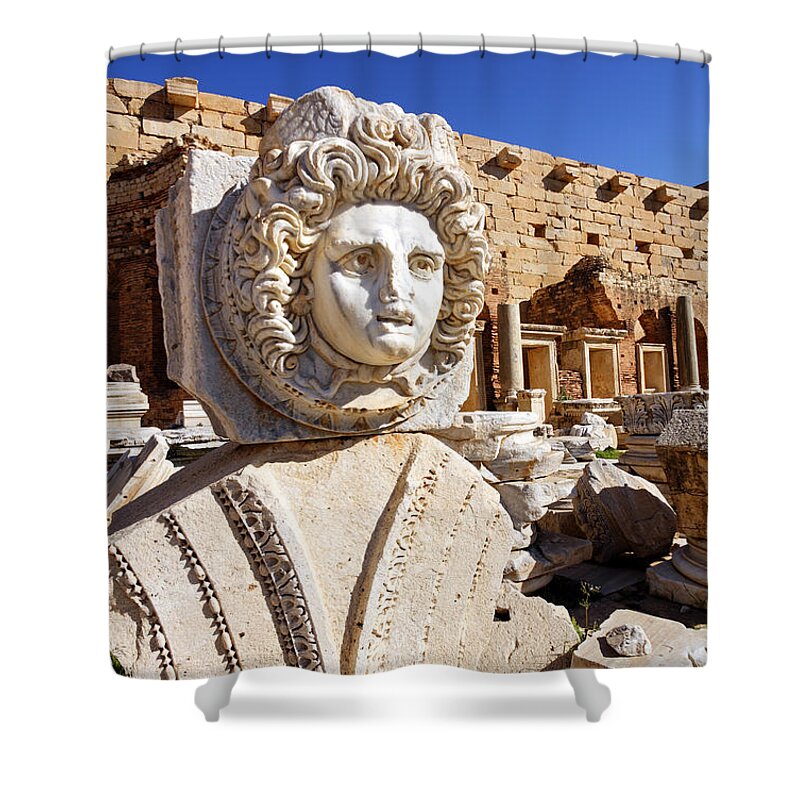 Libya Shower Curtain featuring the photograph Sculpted Medusa head at the Forum of Severus at Leptis Magna in Libya #2 by Robert Preston