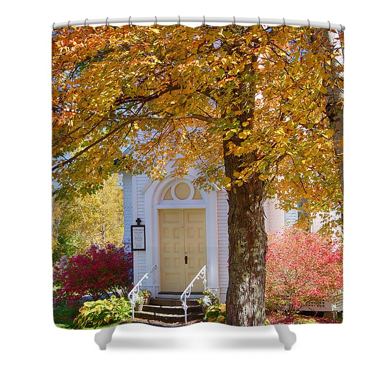 Autumn Foliage New England Shower Curtain featuring the photograph St Matthew's in Autumn splendor #3 by Jeff Folger