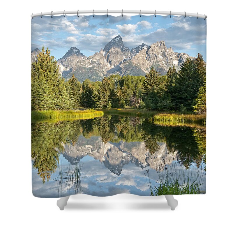 Awe Shower Curtain featuring the photograph Teton Range Reflected in the Snake River by Jeff Goulden