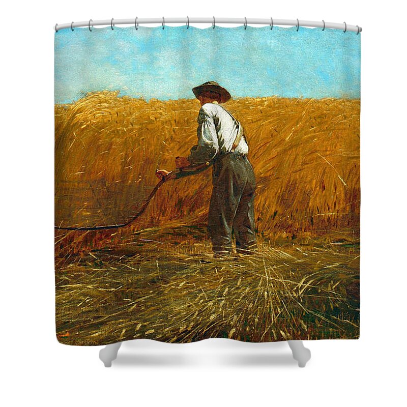 Winslow Homer Shower Curtain featuring the painting The Veteran in a New Field #7 by Winslow Homer