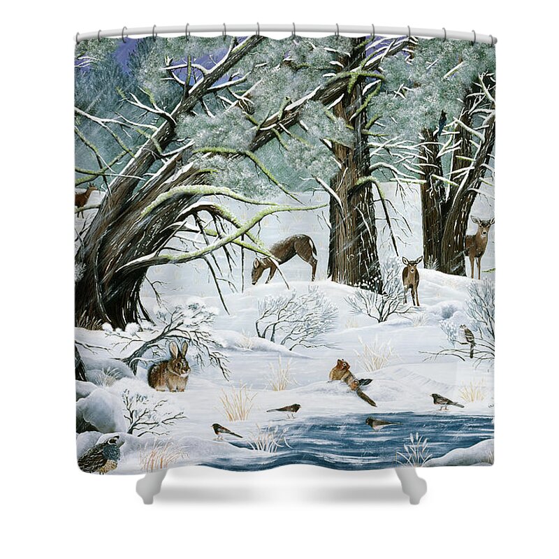 Woods Shower Curtain featuring the painting They Said It Wouldn't Snow by Jennifer Lake