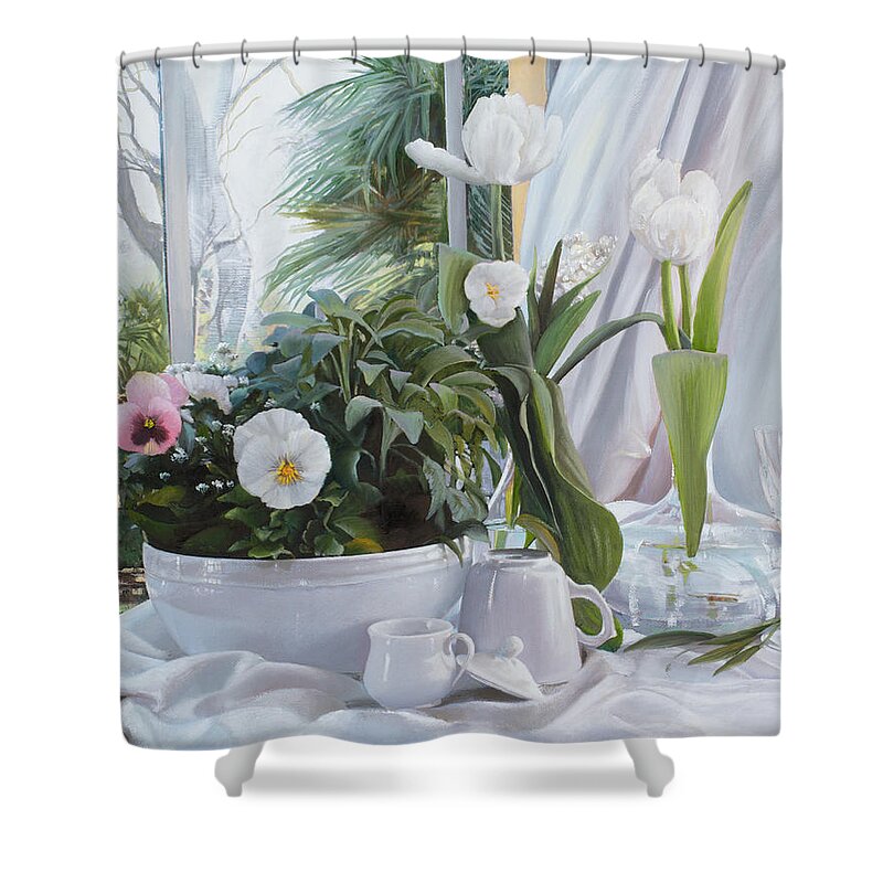 Still Life Shower Curtain featuring the painting Tulipani E Viole Del Pensiero #2 by Danka Weitzen