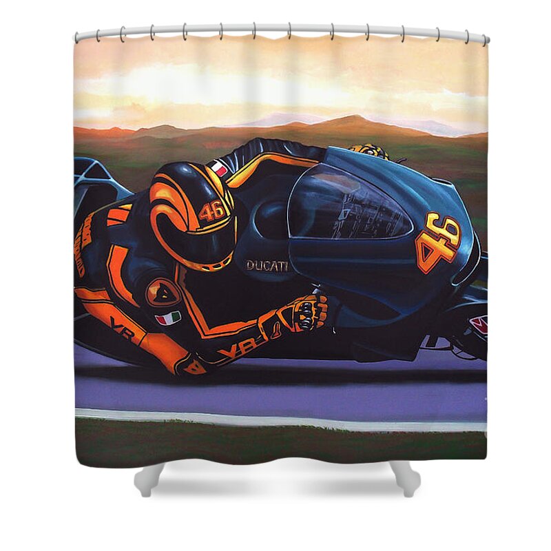 Valentino Rossi Shower Curtain featuring the painting Valentino Rossi on Ducati by Paul Meijering