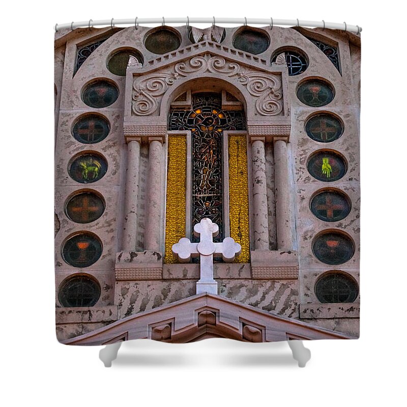 1948 Shower Curtain featuring the photograph White Cross at St Sophia by Ed Gleichman