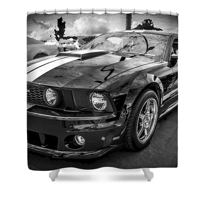 2008 Mustang Shower Curtain featuring the photograph 2008 Ford Shelby Mustang with the Roush Stage 2 Package BW by Rich Franco