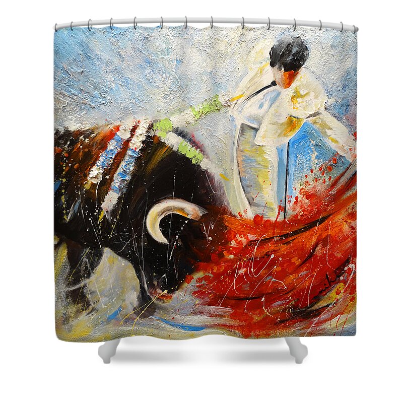 Bullfight Painting Shower Curtain featuring the painting 2010 Toro Acrylics 02 by Miki De Goodaboom
