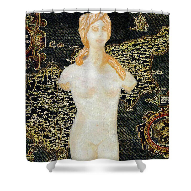 Augusta Stylianou Shower Curtain featuring the painting Ancient Cyprus Map and Aphrodite by Augusta Stylianou