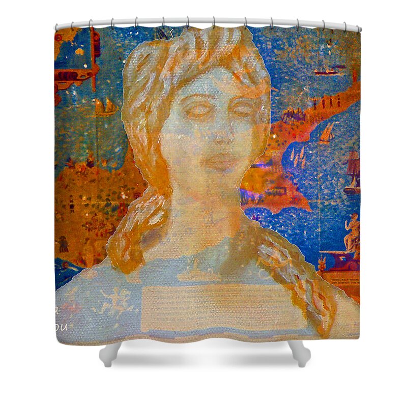Augusta Stylianou Shower Curtain featuring the digital art Ancient Cyprus Map and Aphrodite #29 by Augusta Stylianou