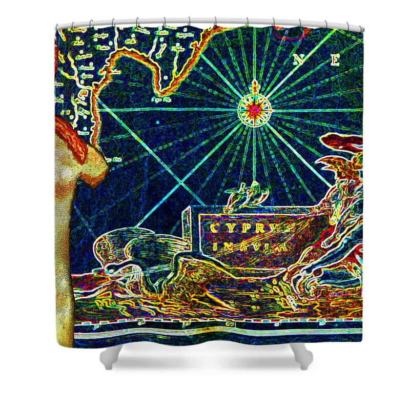 Augusta Stylianou Shower Curtain featuring the digital art Ancient Cyprus Map and Aphrodite by Augusta Stylianou