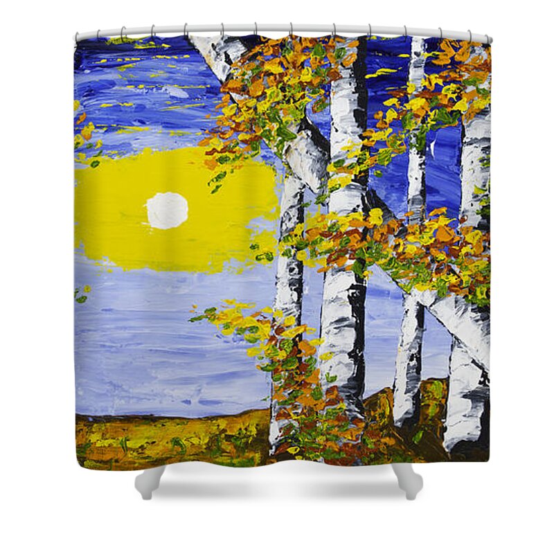 White Shower Curtain featuring the painting White Birch Trees In Fall Abstract Painting #1 by Keith Webber Jr