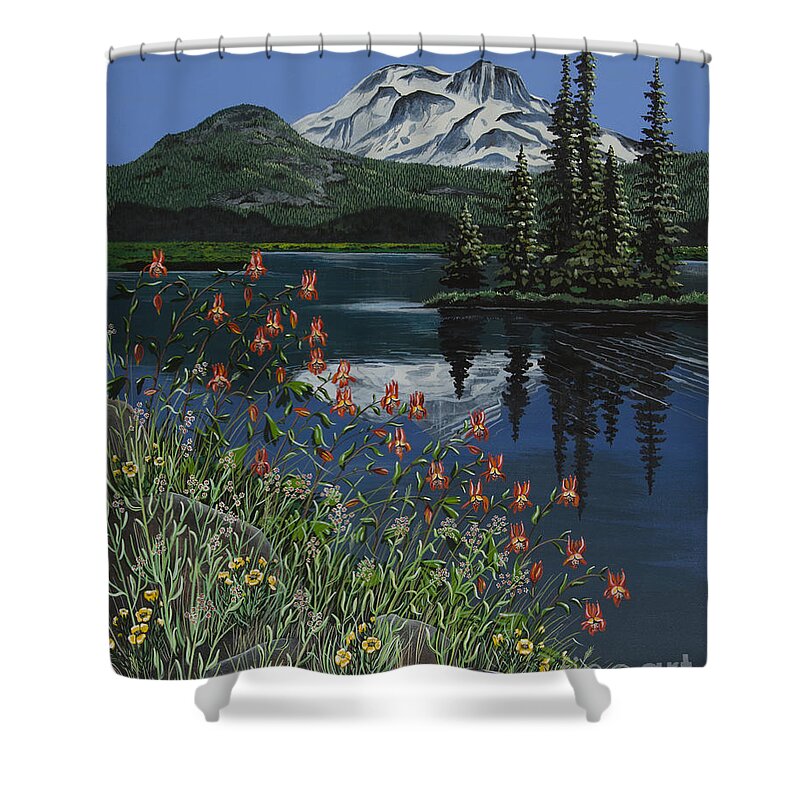 Mountain Shower Curtain featuring the painting A Peaceful Place #2 by Jennifer Lake