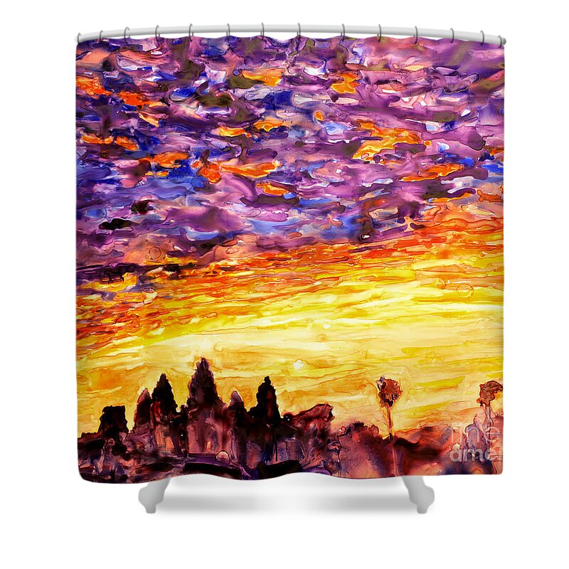 Yupo Shower Curtain featuring the painting Angkor Sunrise #3 by Ryan Fox