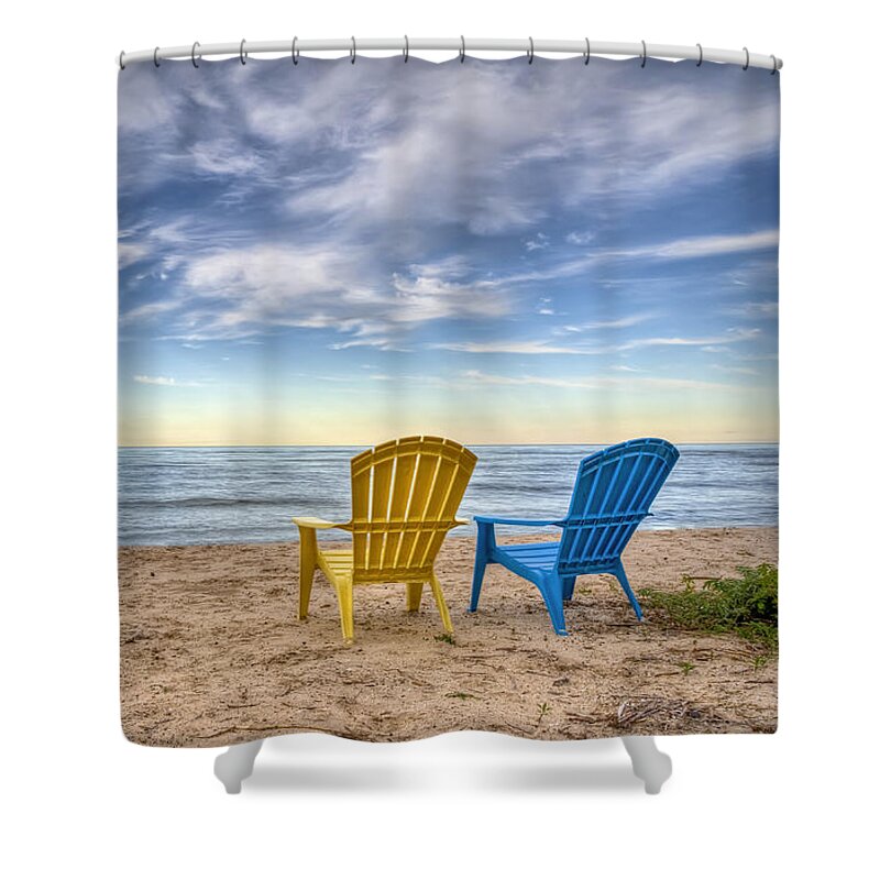 Chairs Beach Water Lake Sky Ocean Summer Relax Lake Michigan Wisconsin Door County Sand Chair Clouds Horizon Peace Calm Quiet Rest Vacation Waves Home Decor Fine Art Photography Fine Art For Sale Blue Yellow Green Landscape Photography Nautical Beach Scene Outdoors Shore Coast Shower Curtain featuring the photograph 3 Chairs by Scott Norris
