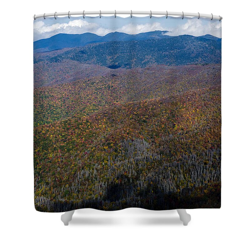 Nc Shower Curtain featuring the photograph Craggy Gardens Visitor Center and Craggy Pinnacle along the Blue Ridge Parkway #3 by David Oppenheimer