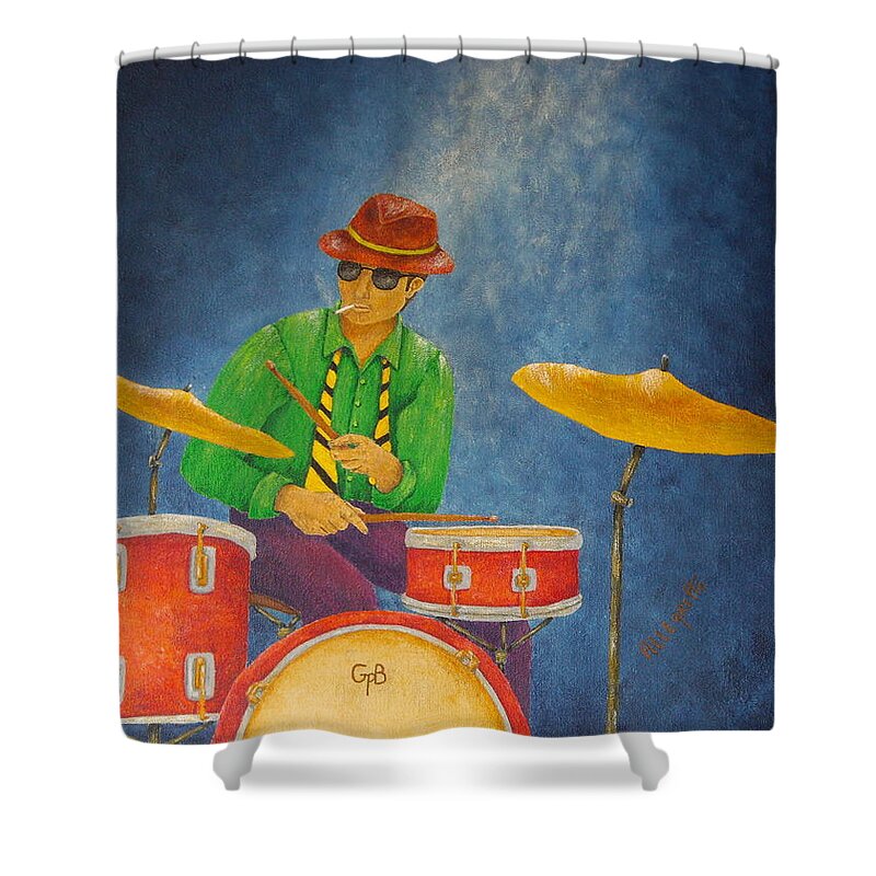 Pamela Allegretto-franz Shower Curtain featuring the painting Jazz Drummer #3 by Pamela Allegretto