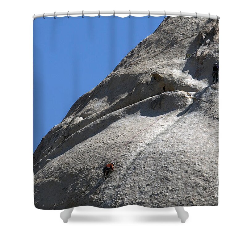 People Shower Curtain featuring the photograph Rock Climbers, Joshua Tree Np #3 by Mark Newman