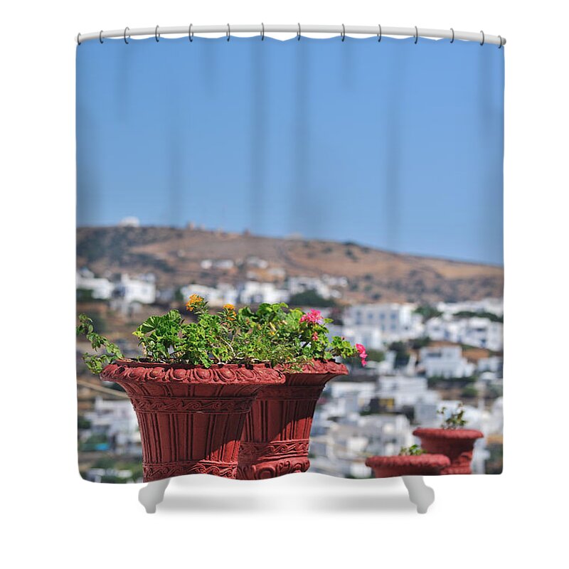 Sifnos; Apollonia; City; Town; Greece; Greek; Hellas; Cyclades; Kyklades; Aegean; Islands; Blurred Background; Holidays; Vacation; Travel; Trip; Island; Voyage; Journey; Tourism; Touristic; Summer; House; Houses; Blue Sky; Flowers; Pots; Flowerpots; Sunny Shower Curtain featuring the photograph Flowerpots in Sifnos island #3 by George Atsametakis