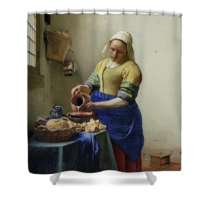 The Milkmaid C. 1658 By Johannes Vermeer Shower Curtain featuring the painting The Milkmaid #11 by Celestial Images