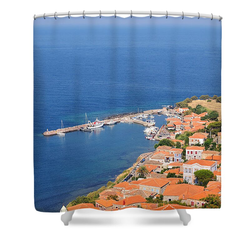 Lesvos; Lesbos; Molyvos; Molivos; Mithymna; Methymna; Village; Town; Port; Harbor; Castle; Fortress; Islands; House; Houses; Red; Roofs; Sea; Greece; Greek; Island Shower Curtain featuring the photograph View of Molyvos village from the castle #1 by George Atsametakis