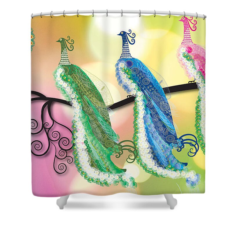Peacocks Shower Curtain featuring the digital art Visionary Peacocks by Kim Prowse