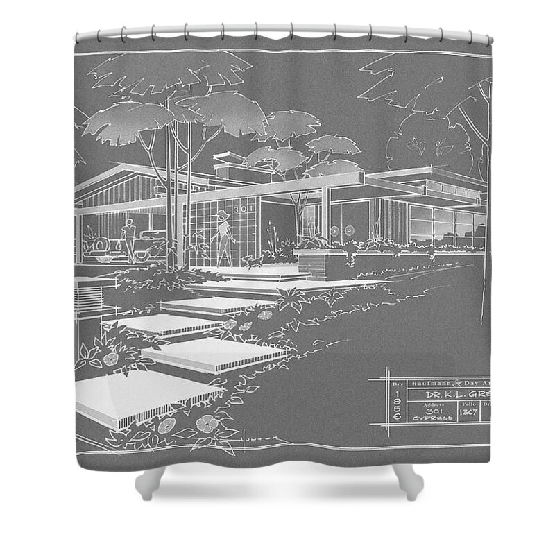 Mid Century Shower Curtain featuring the drawing 301 Cypress Drive - charcoal by Larry Hunter