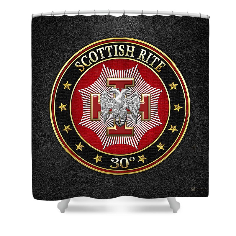 'scottish Rite' Collection By Serge Averbukh Shower Curtain featuring the digital art 30th Degree - Knight Kadosh Jewel on Black Leather by Serge Averbukh