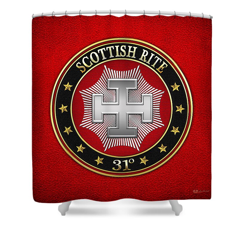 'scottish Rite' Collection By Serge Averbukh Shower Curtain featuring the digital art 31st Degree - Inspector Inquisitor Jewel on Red Leather by Serge Averbukh