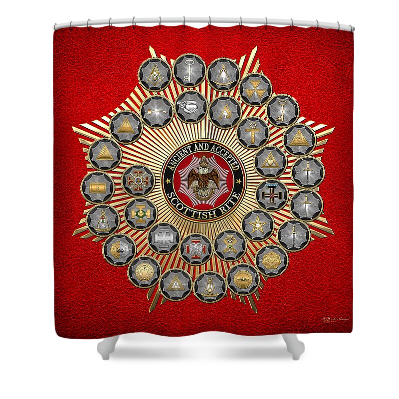 'scottish Rite' Collection By Serge Averbukh Shower Curtain featuring the digital art 33 Scottish Rite Degrees on Red Leather by Serge Averbukh