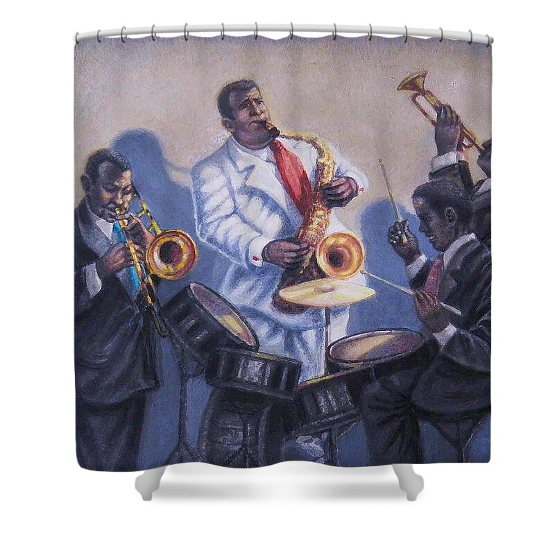 Jazz Shower Curtain featuring the painting Big Jay and Company by Raffi Jacobian