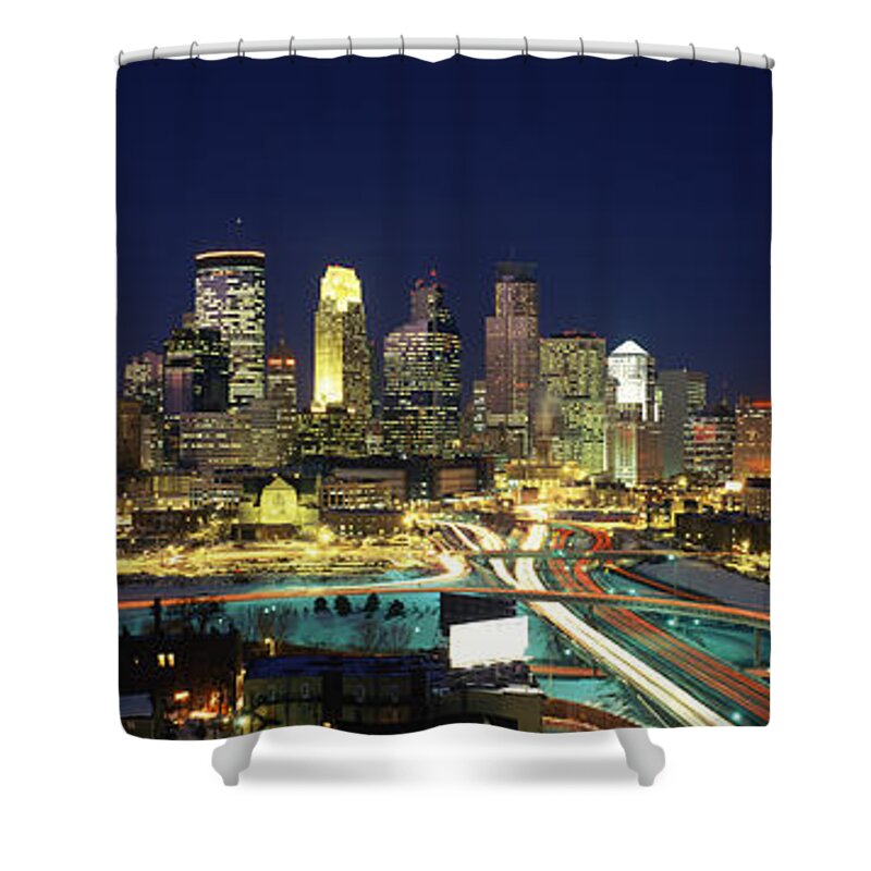Photography Shower Curtain featuring the photograph Buildings Lit Up At Night In A City #4 by Panoramic Images