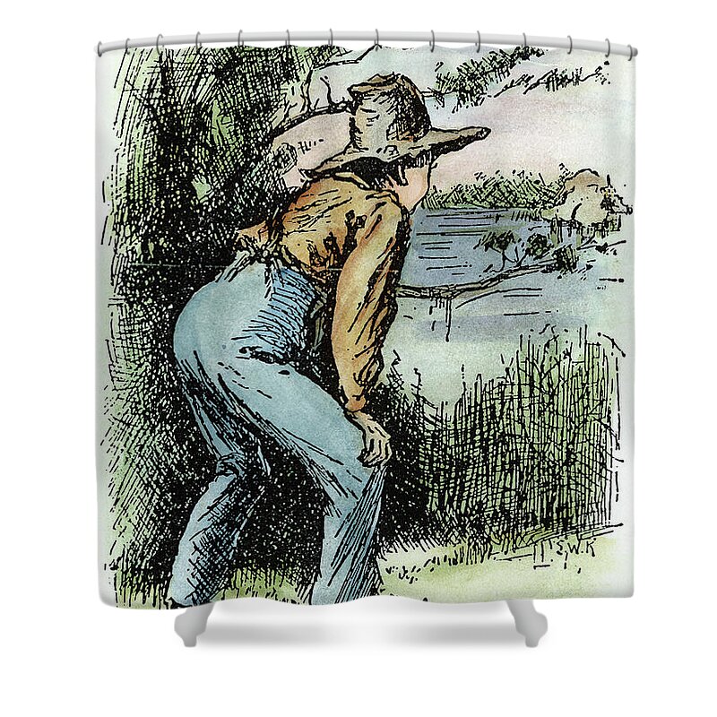 1885 Shower Curtain featuring the drawing Clemens Huck Finn, 1885 #4 by Granger