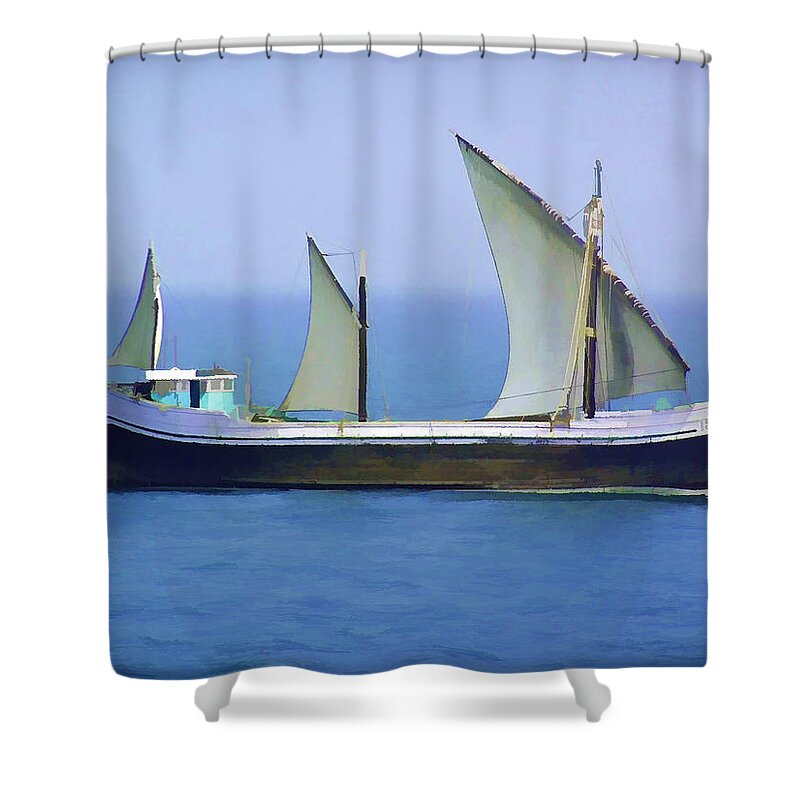 Action Shower Curtain featuring the digital art Fishing vessel in the Arabian sea #4 by Ashish Agarwal