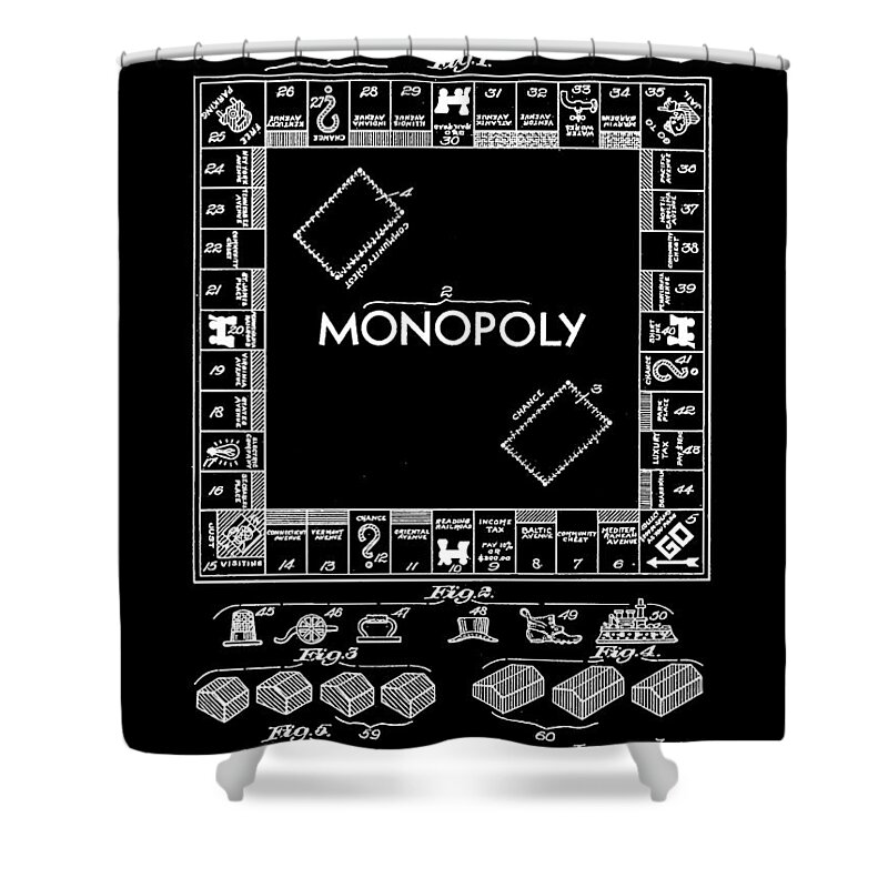 Monopoly Shower Curtain featuring the digital art Monopoly Patent 1935 - Black by Stephen Younts