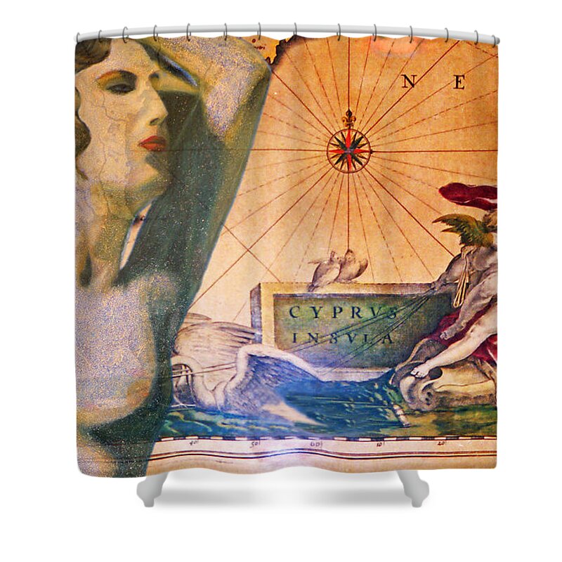 Augusta Stylianou Shower Curtain featuring the digital art Ancient Cyprus Map and Aphrodite #8 by Augusta Stylianou