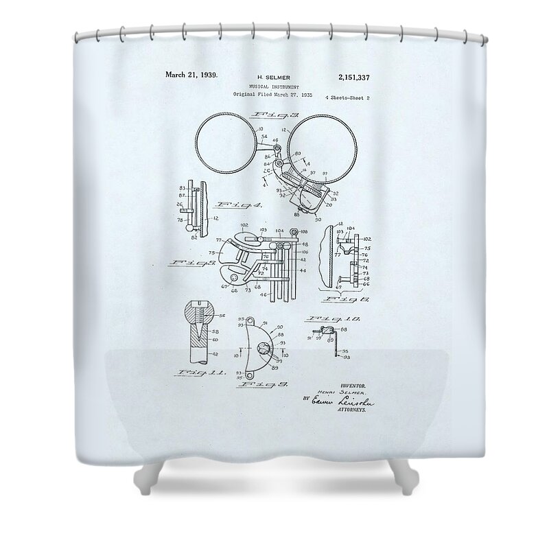 Saxophone Shower Curtain featuring the drawing Saxophone Patent drawing on blue background #2 by Steve Kearns