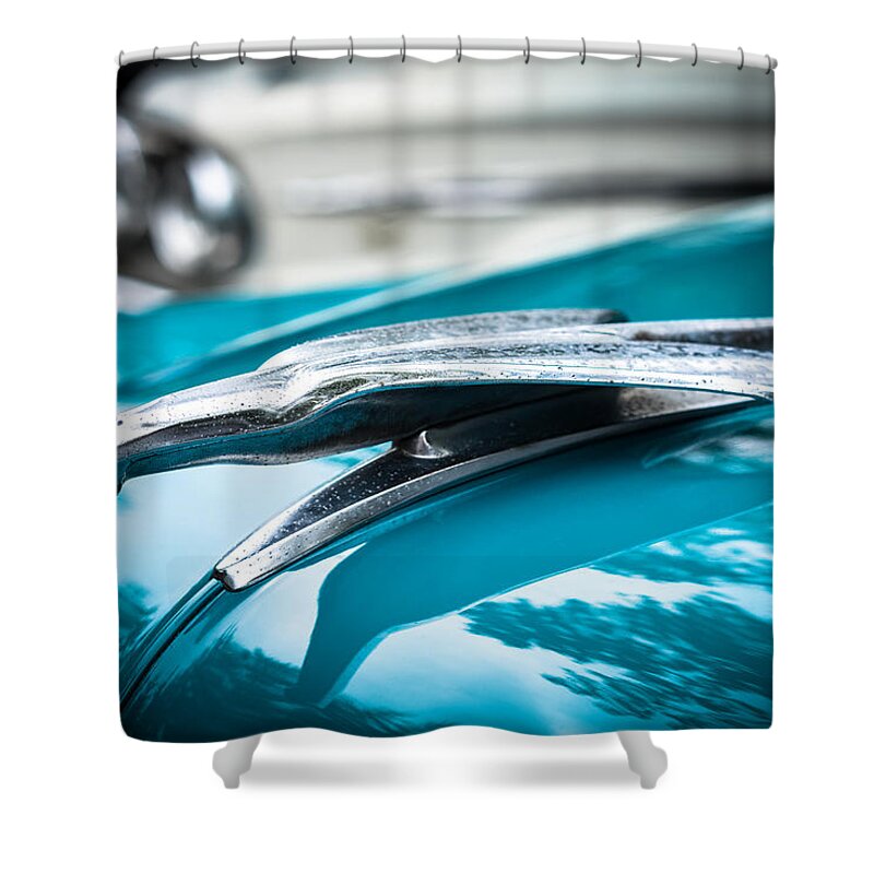 1953 Ford Bel Aire Shower Curtain featuring the photograph '53 Ford Bel Air Hood Ornament #53 by Ronda Broatch