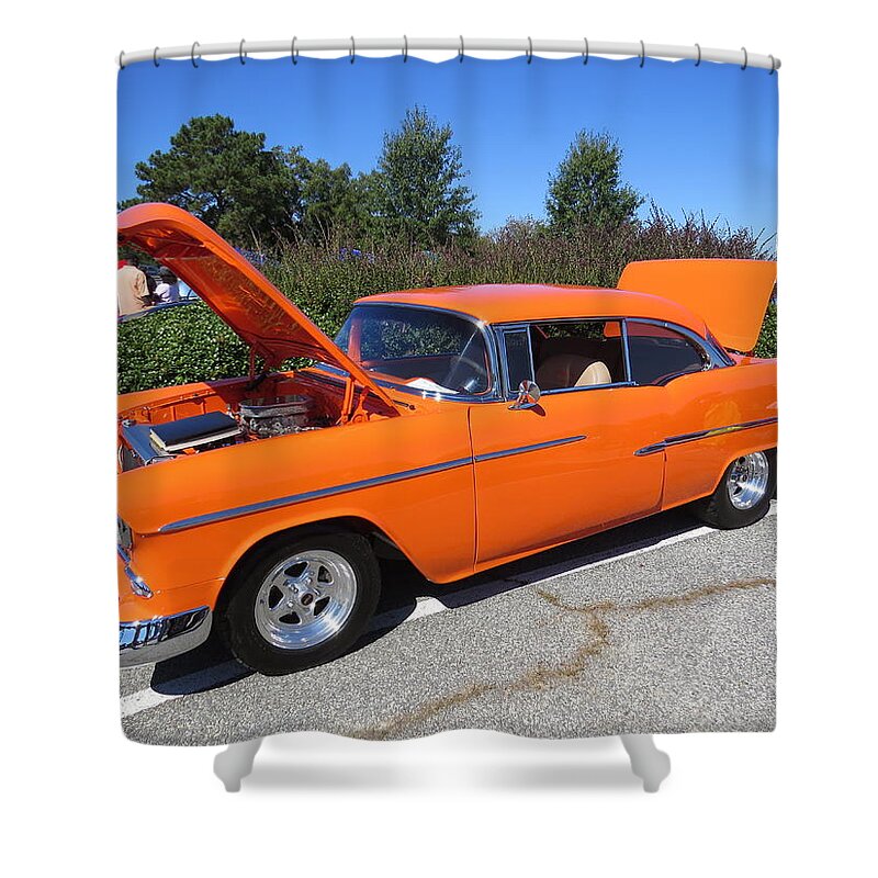 1955 Chevy Shower Curtain featuring the photograph 55 Chevy belair by Aaron Martens