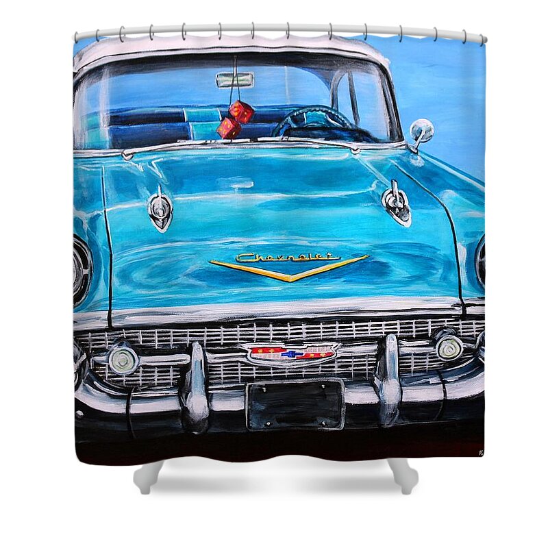 Chevy Shower Curtain featuring the painting '57 Chevy Front End by Karl Wagner