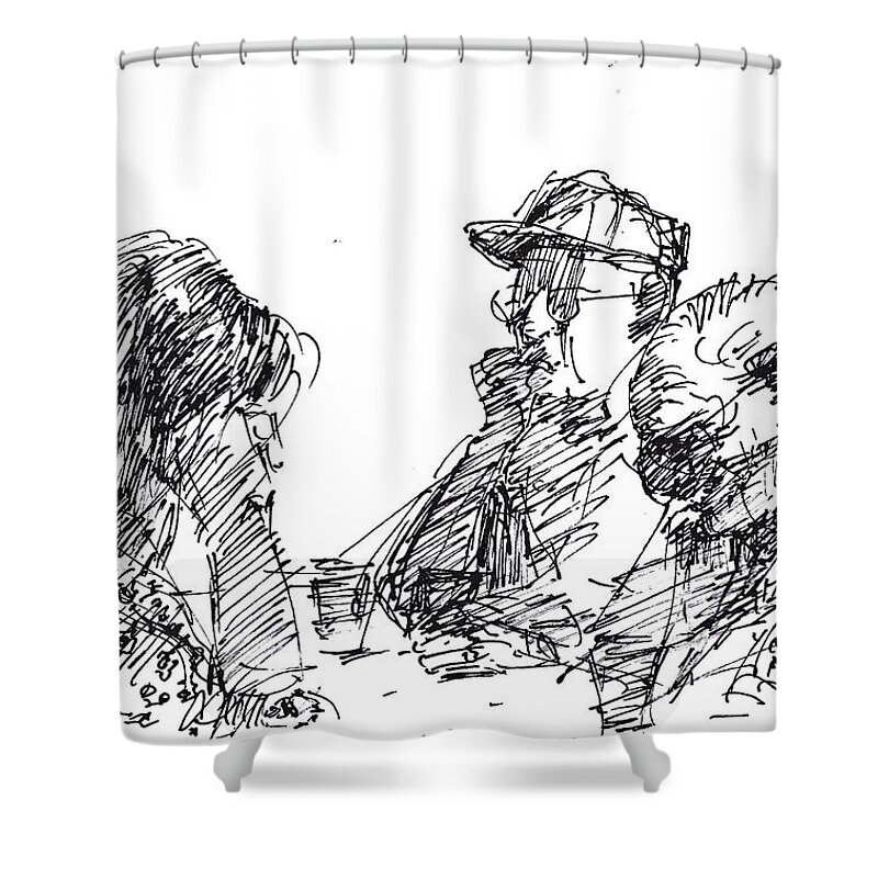 At Tim Hortons Shower Curtain featuring the drawing At Tim Hortons #6 by Ylli Haruni