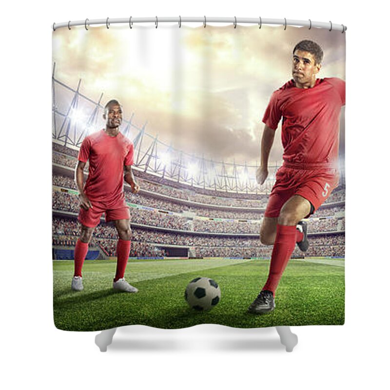 Soccer Uniform Shower Curtain featuring the photograph Soccer Player Kicking Ball In Stadium #6 by Dmytro Aksonov