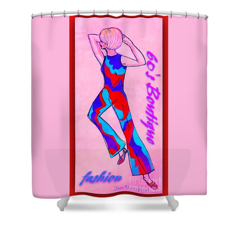 1960's Fashion Shower Curtain featuring the painting 60's Boutique by Joan-Violet Stretch