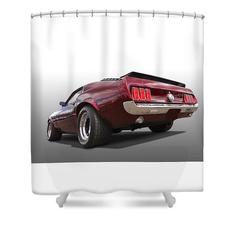 Classic Ford Mustang Shower Curtain featuring the photograph '69 Mustang Rear #69 by Gill Billington