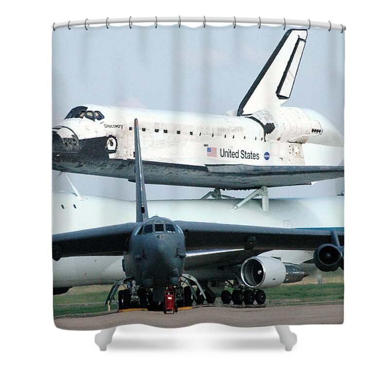 Astronomy Shower Curtain featuring the photograph 747 Transporting Discovery Space Shuttle by Science Source