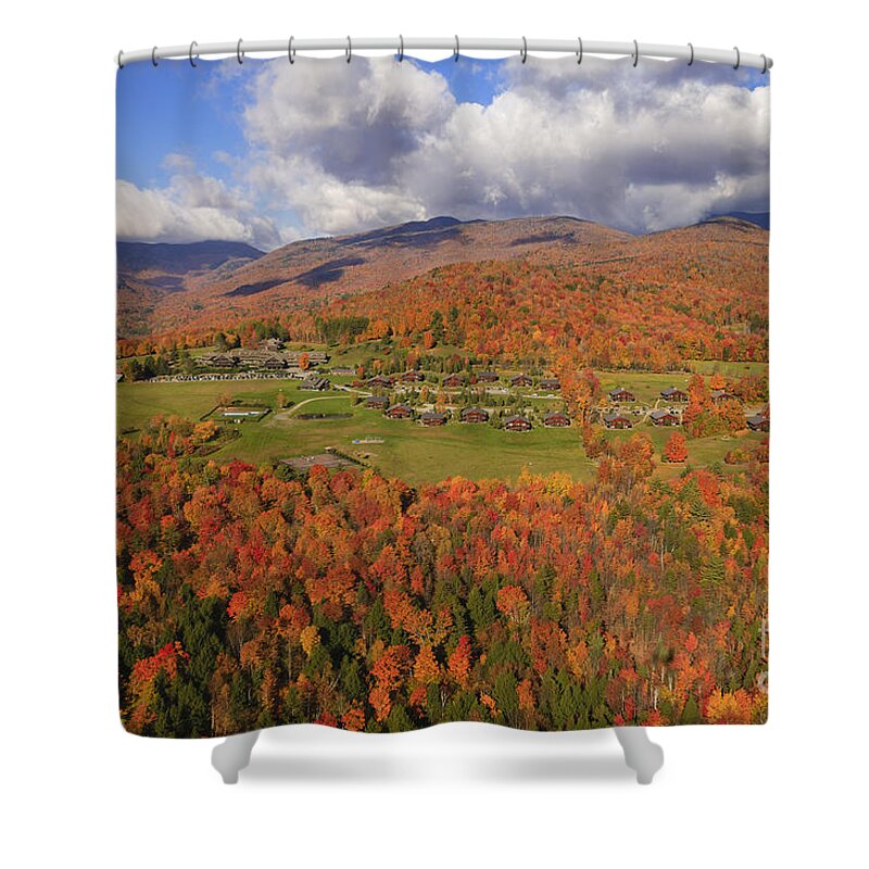 New England Shower Curtain featuring the photograph Aerial view of fall foliage in Stowe Vermont #8 by Don Landwehrle