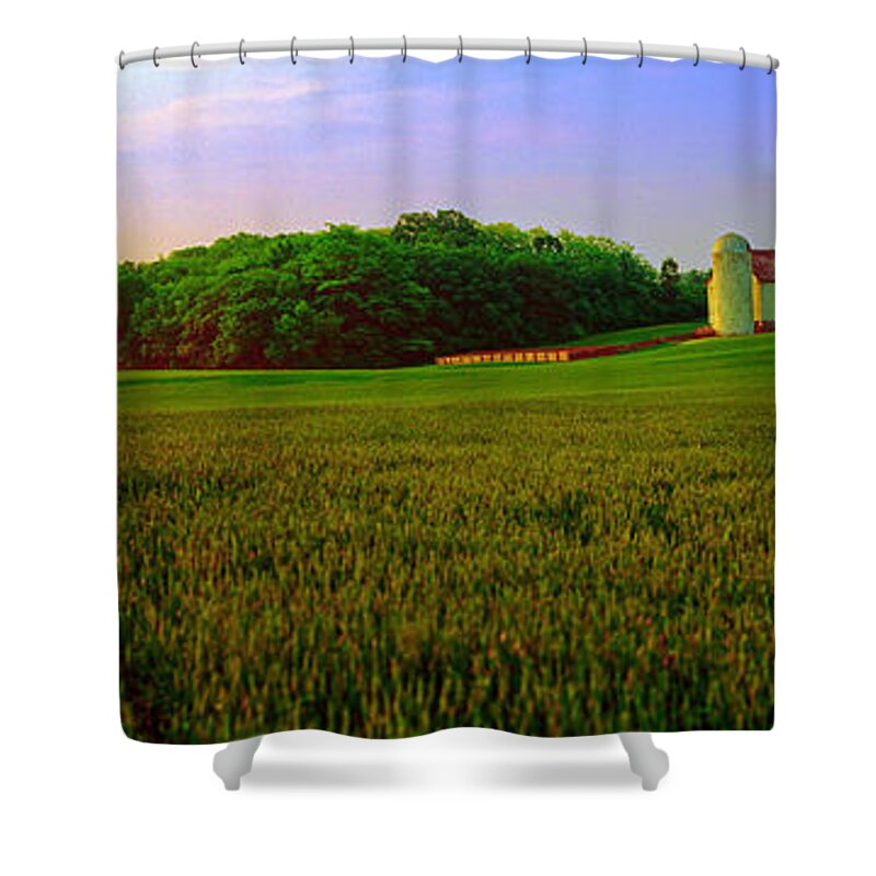 Conley Shower Curtain featuring the photograph Conley road, spring, field, barn  by Tom Jelen