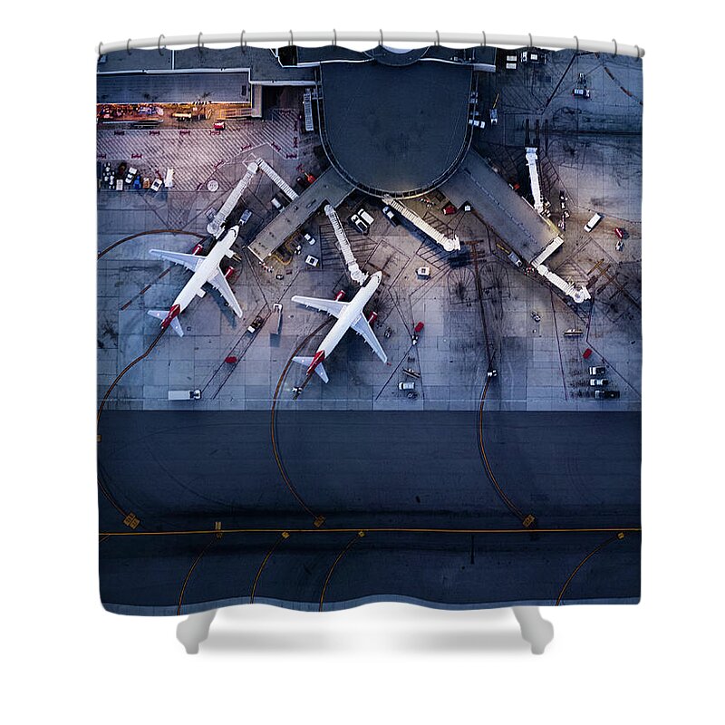 Teamwork Shower Curtain featuring the photograph Airliners At Gates And Control Tower #9 by Michael H